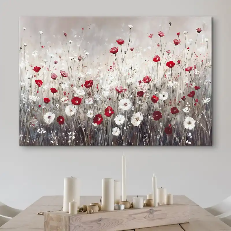 Cumpără acum Pictură pe pânză Imitație abstractă de pictură în ulei un câmp de flori roșii și albe maci și margarete pe un fundal gri textural Nr s42213