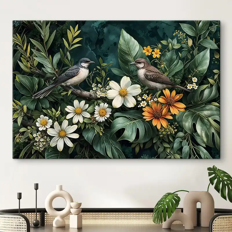 Pictură pe pânză Păsări mici cocoțate pe ramuri înconjurate de frunziș tropical luxuriant, inclusiv frunze verzi mari și flori colorate Nr s42220 Cumpără online
