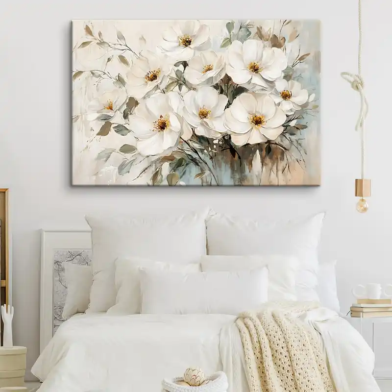 Reducere Pictură pe pânză Un buchet de flori albe mari în stil pictură în ulei cu centre galbene pe un fundal deschis Nr s42222