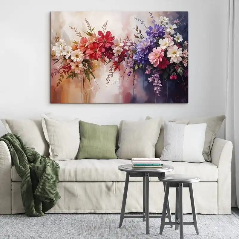 Discount Pictură pe pânză Flori colorate, inclusiv dalii roșii, roz și violet, margarete și alte flori pe un fundal blând, neclar Nr s42234