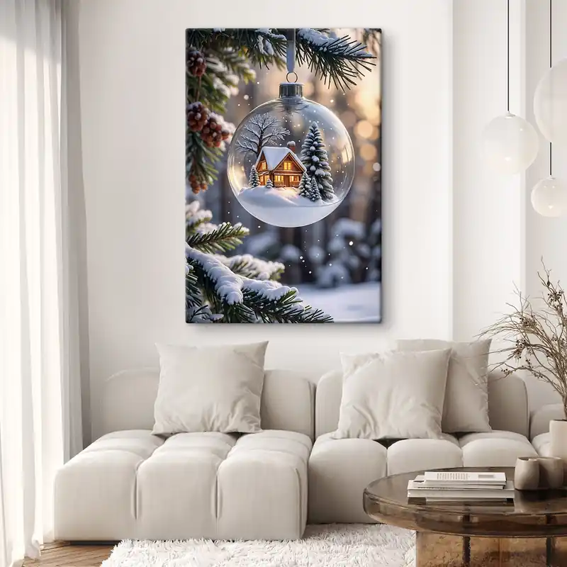 Pictură pe pânză Un glob de Crăciun din sticlă cu un peisaj de iarnă cu zăpadă în interior, cu o cabană confortabilă în pădure cu pini Nr s42236 Retur gratuit