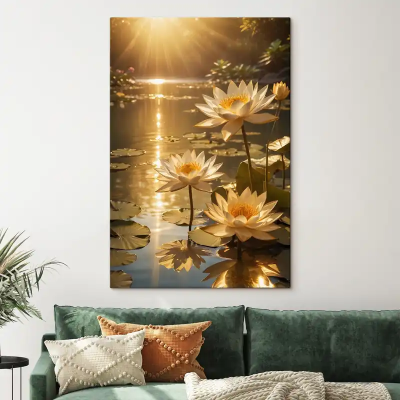 Preferatul clienților Pictură pe pânză Flori albe de lotus plutind pe un iaz calm cu soarele, creând o atmosferă senină și liniștită Nr s42239