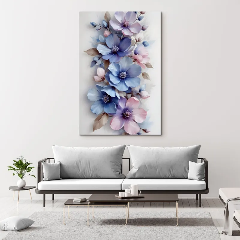 Pictură pe pânză Flori delicate albastre și roz, cu petale și centre moi, aranjate într-o imprimare florală frumoasă pe un fundal deschis Nr s42241 Nu rata