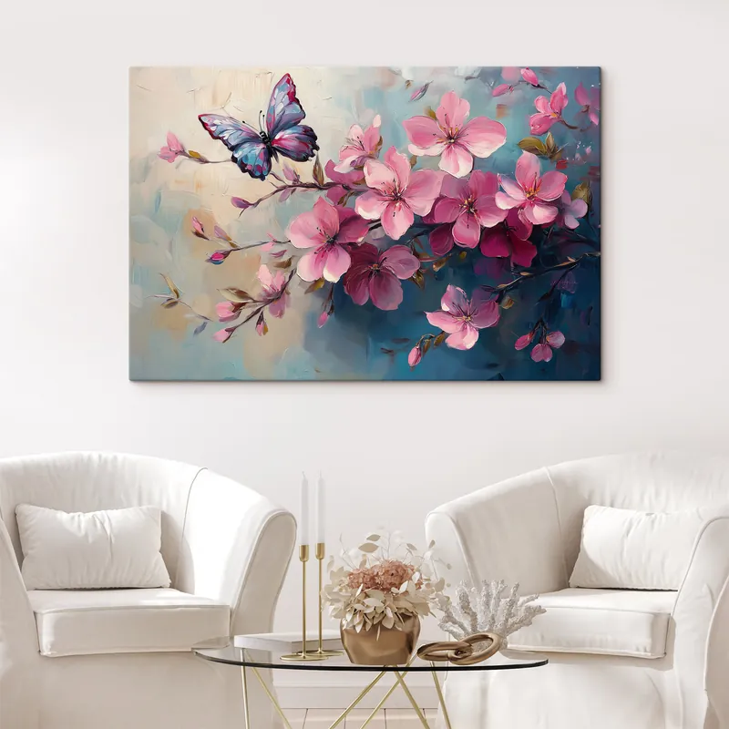 Pictură pe pânză Flori roz și fluture Nr s42320 Bestseller