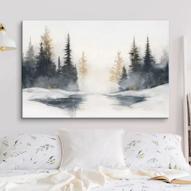Pictură pe pânză Peisaj de iarnă cu râu și pini, natură, pădure, ceață Nr s42374 Premium