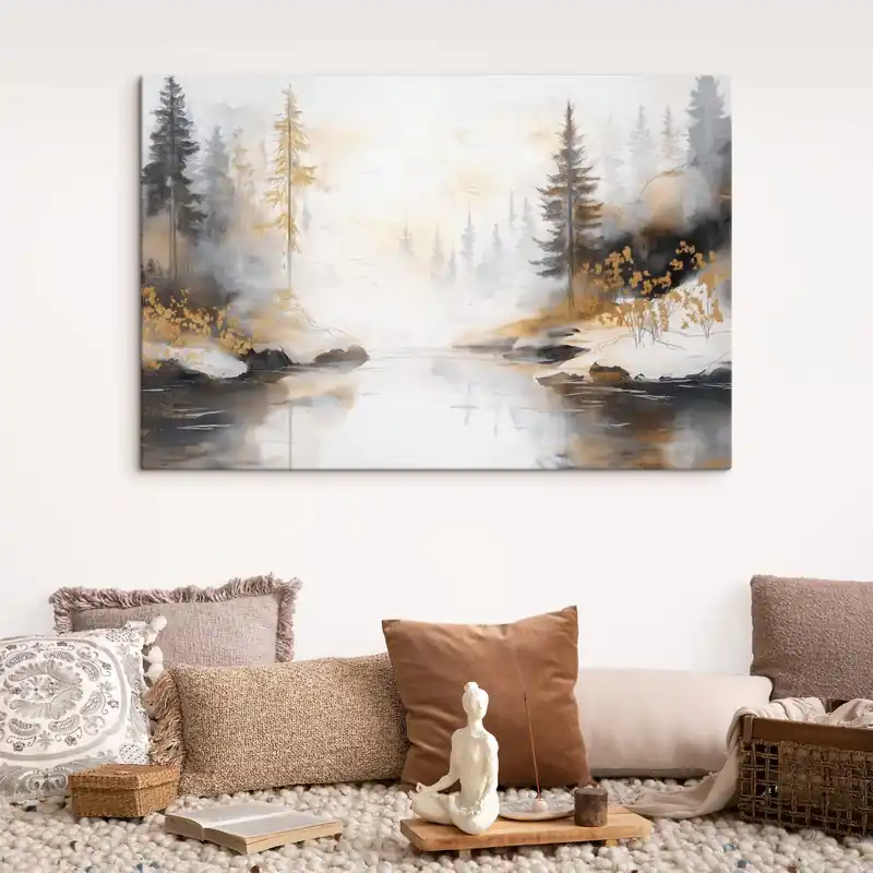 Calitate înaltă Pictură pe pânză Peisaj natural cu râu, pădure și pini, culori pastelate moi Nr s42375