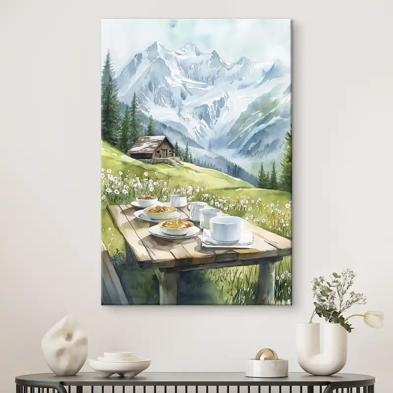 Pictură pe pânză Mic dejun în Alpi, munți, pădure, natură, vară, stil acuarelă Nr s42426 Discount