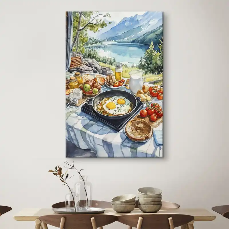 Pictură pe pânză Mic dejun estetic lângă lac, stil acuarelă Nr s42432 Premium
