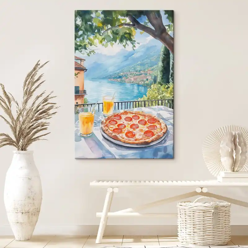 Pictură pe pânză Brunch în Italia, stil acuarelă, pizza margarita, lac, natură de vară Nr s42436 Reducere de preț