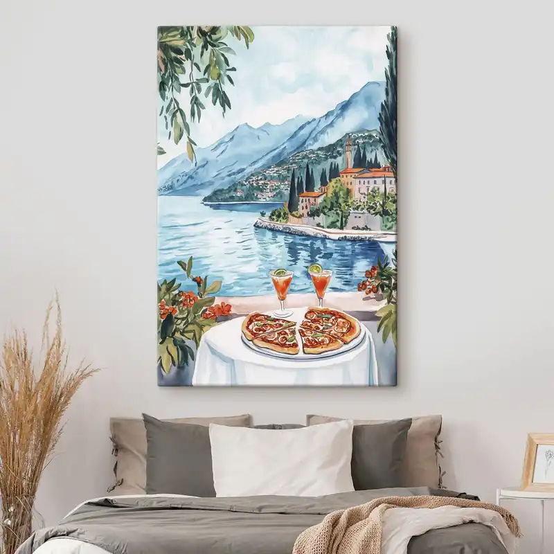 Pictură pe pânză Lacul Como, Italia, stil acuarelă, pizza, cocktailuri, oraș vechi, munți Nr s42437 Calitate înaltă