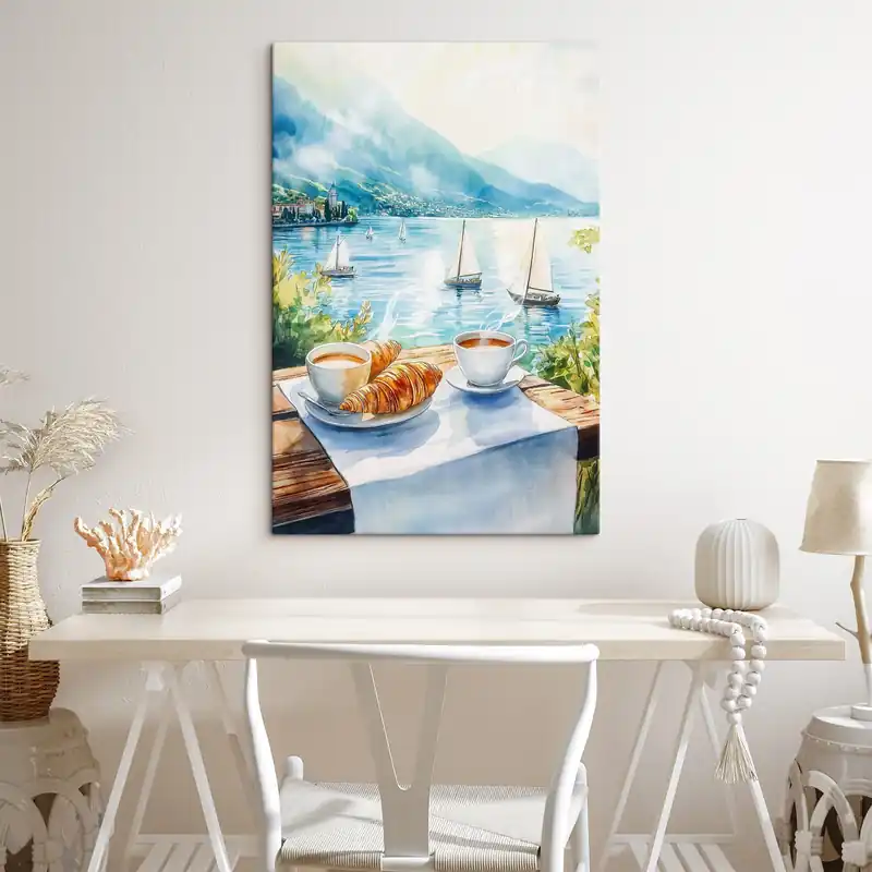 Pictură pe pânză Lac de vară cu bărci cu pânze, cești de cafea, croissante, stil acuarelă Nr s42441 Retur ușor