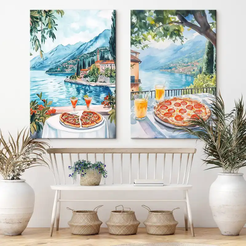 Pictură pe pânză Lacul Como, brunch în Italia, stil acuarelă, pizza margarita, natura verii Nr m00406 Cel mai bun preț