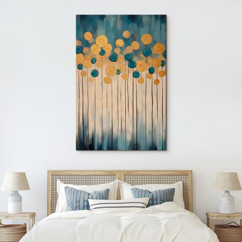 Ofertă Pictură pe pânză Abstracție decorativă cu elemente rotunde pe fundal albastru și bej Nr s42476