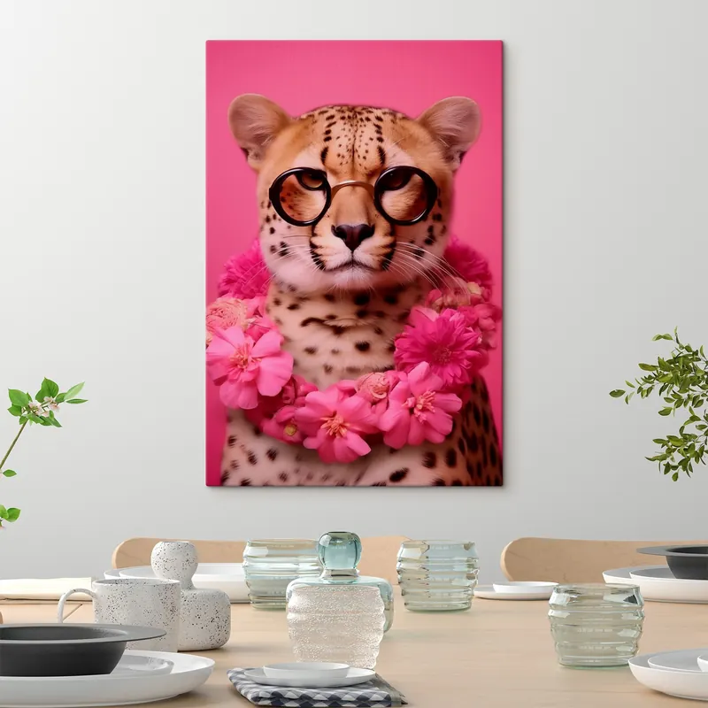 Pictură pe pânză Cheetah în ochelari cu ghirlanda de flori Nr s42477 Calitate înaltă