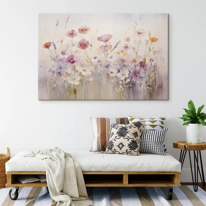 Plată sigură Pictură pe pânză O pajiște cu flori de acuarelă în nuanțe delicate de roz, violet și alb, creând o atmosferă de lejeritate și armonie Nr s42557