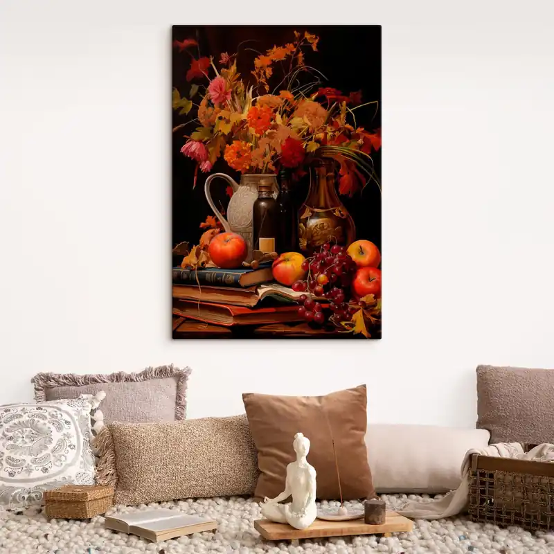 Pictură pe pânză O natură moartă de toamnă cu un buchet în tonuri calde de portocaliu și roșu, mere, struguri, cărți și vase ceramice pe un fundal închis Nr s42561 Ultima șansă
