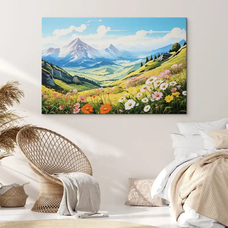 Pictură pe pânză Un peisaj montan vibrant cu pajiști înflorite, dealuri verzi și vârfuri maiestuoase sub un cer albastru senin Nr s42565 Cel mai vândut