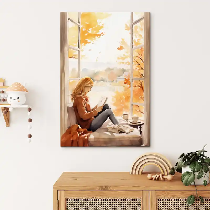 Pictură pe pânză O fată citind o carte lângă o fereastră deschisă într-un decor de toamnă, cu copaci luminoși în fundal și o ceașcă de ceai lângă ea Nr s42572 Ultima șansă