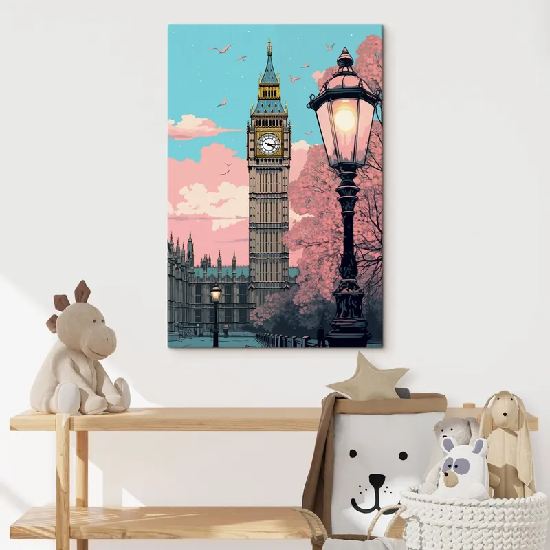 Ultima șansă Pictură pe pânză O vedere a Big Ben cu copaci roz de primăvară, un cer albastru strălucitor și un felinar de epocă în prim-plan Nr s42578