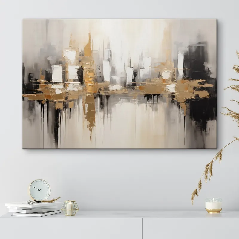 Cumpărături sigure Pictură pe pânză Un peisaj urban abstract cu reflexii ale clădirilor în apă, creat în tonuri neutre cu accente de nuanțe calde Nr s42628