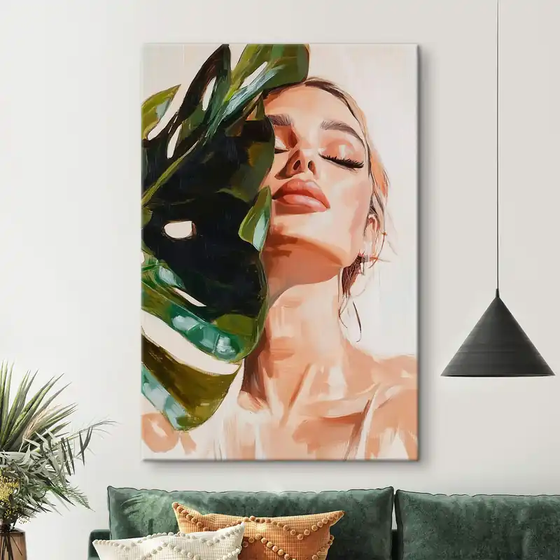 Pictură pe pânză Portret de femeie cu o frunză de monstera cu imitație de tușe Nr s42597 Doar azi