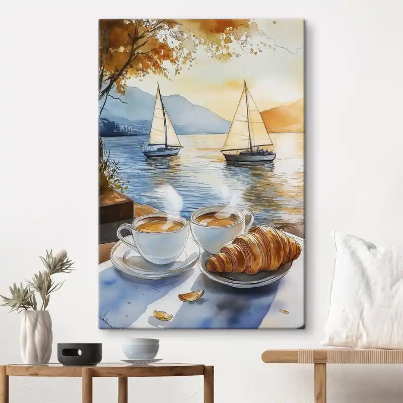 Comandă acum Pictură pe pânză Apus de soare pe lac, bărci cu pânze, cești de cafea, stil acuarelă Nr s42442