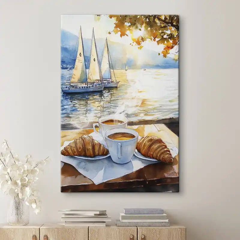 Vezi acum Pictură pe pânză Cupe de cafea, culori apus de soare, lac, bărci cu pânze, natură, călătorie Nr s42443