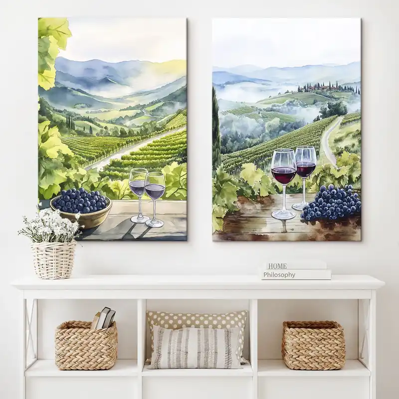 Pictură pe pânză Peisaje frumoase din Toscana, curți de struguri, pahare de vin, stil acuarelă, Italia Nr m00408 Livrare expres