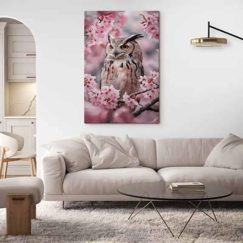 Preț redus Pictură pe pânză Bufniță frumoasă pe ramura unui cireș, natură, realism Nr s42784