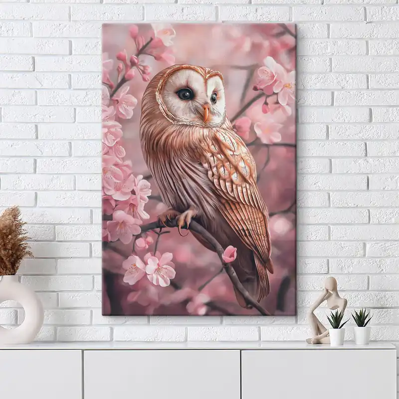 Cumpără online Pictură pe pânză Bufniță pe cireș, flori roz, realism, natură Nr s42785