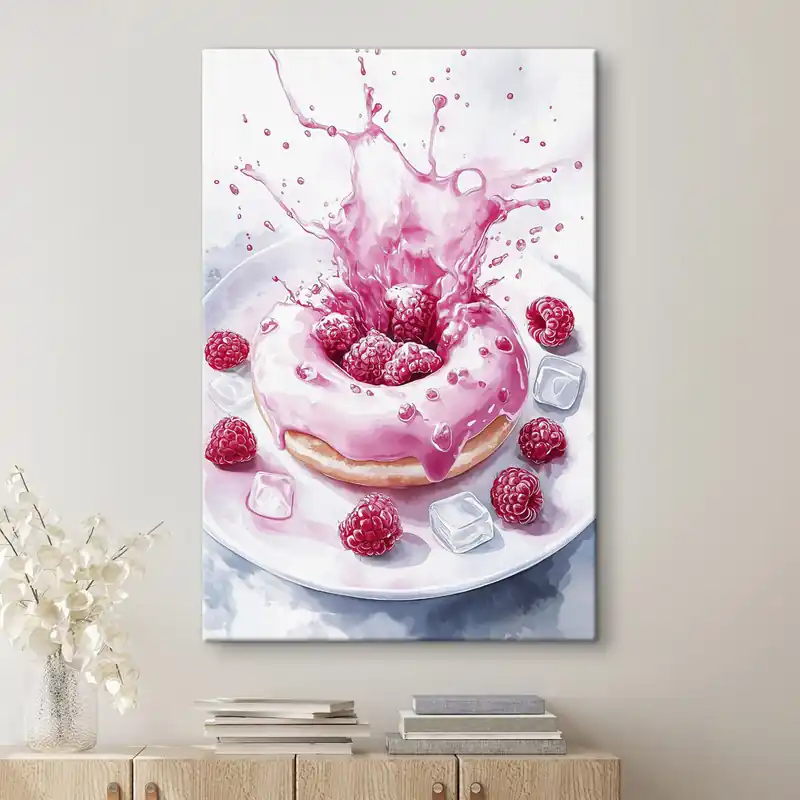 Livrare rapidă Pictură pe pânză Donat delicios pe farfurie, cremă spumantă, zmeură, gheață Nr s42788