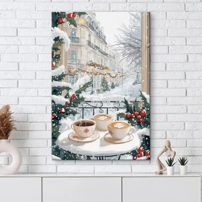 Pictură pe pânză Estetică de iarnă, cești de cafea, restaurant, stradă de oraș Nr s42794 Popular