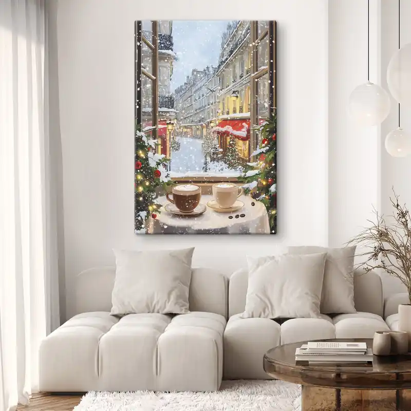 Pictură pe pânză Cafenea de iarnă confortabilă, cești de cafea, stil acrilic, arhitectura orașului vechi Nr s42795 Cel mai bun preț