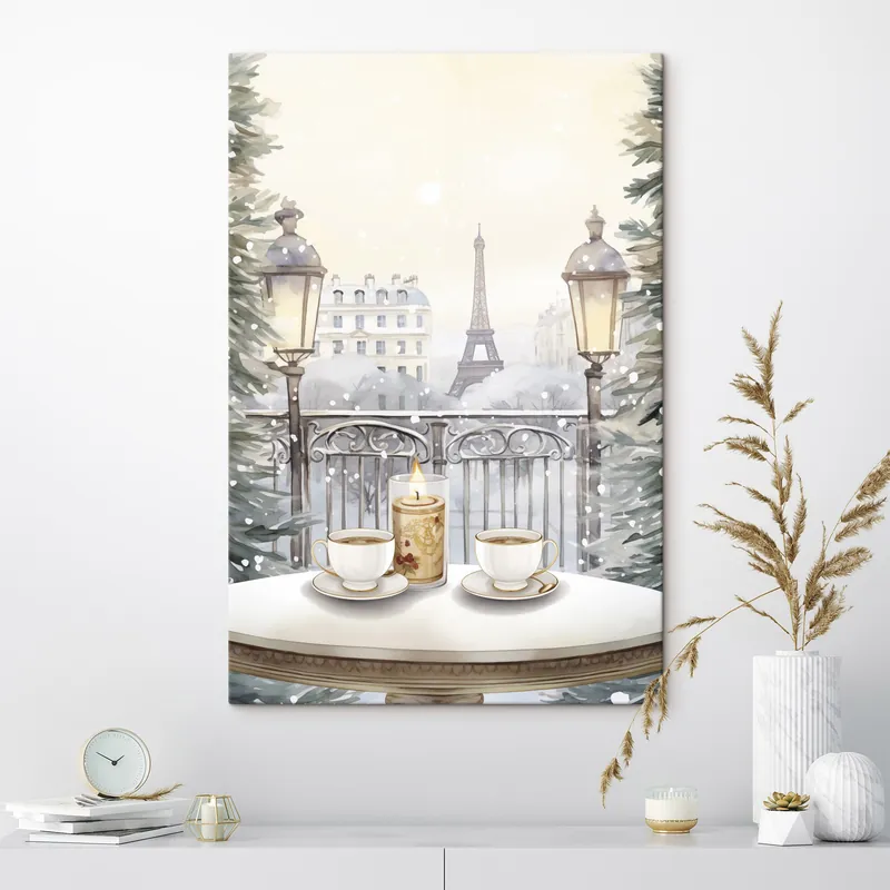 Livrare rapidă Pictură pe pânză Cafea frumoasă în Paris, cești de ceai, vedere romantică, iarnă, stil acuarelă Nr s42799