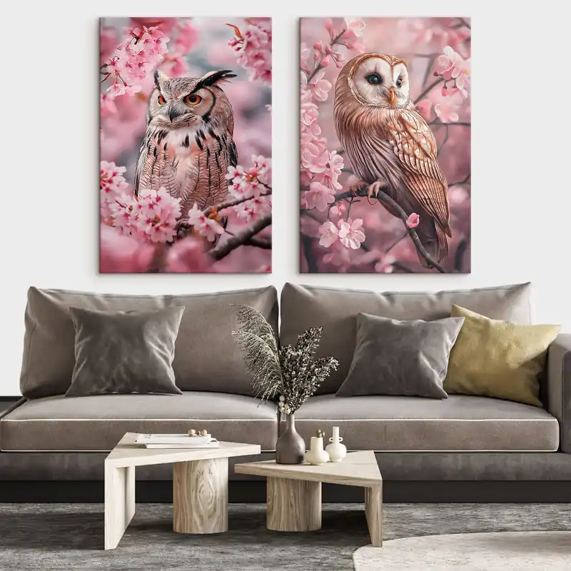 Popular Pictură pe pânză Bufnițe pe cireș, flori roz, realism, natură Nr m00411