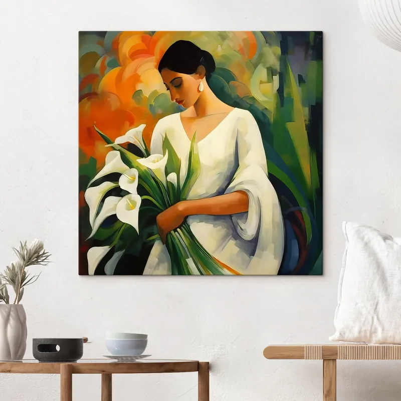 Pictură pe pânză Femeie cu un buchet de crini calla Nr s42818 Ofertă specială