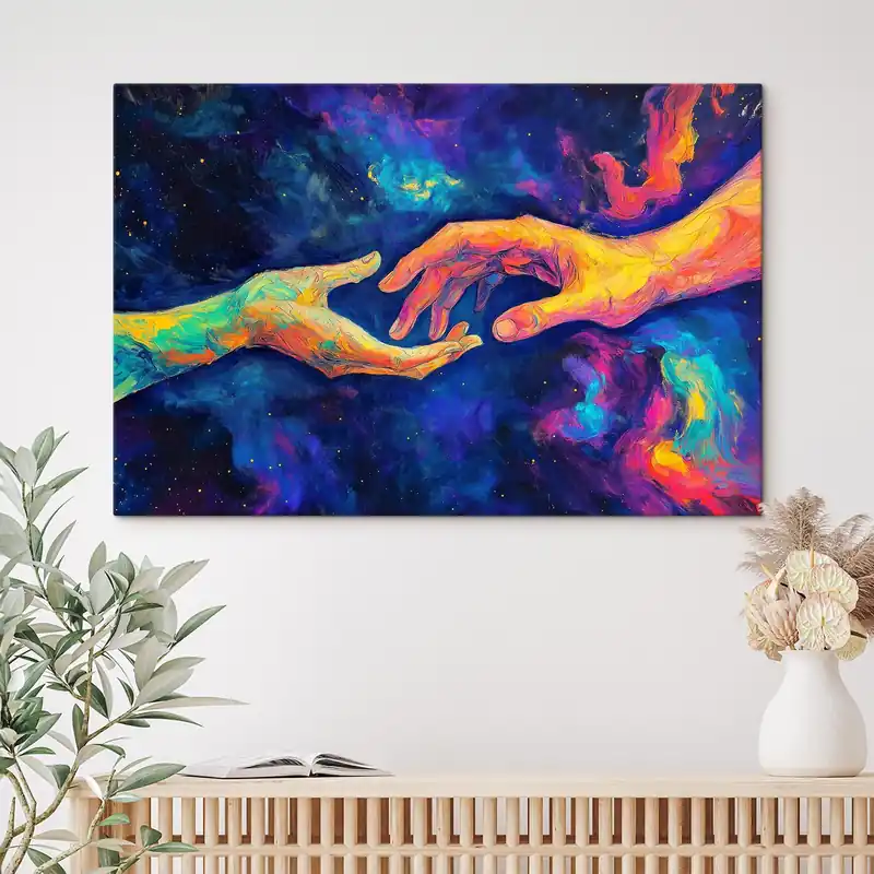 Pictură pe pânză Compoziție abstractă a două mâini care se întind una spre cealaltă, într-o paletă de culori vibrante pe un fundal cosmic Nr s42937 Ofertă limitată