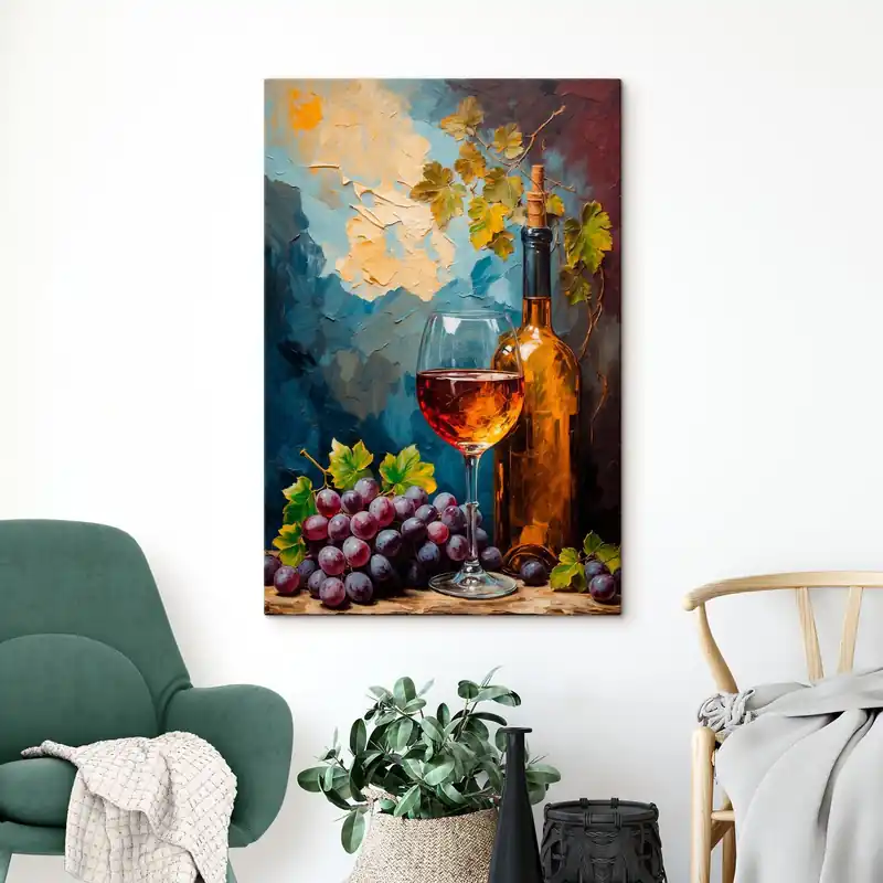 Ofertă specială Pictură pe pânză Struguri, sticlă și sticlă de vin pe fundal acrilic abstract Nr s42772