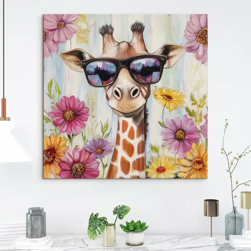 Ofertă exclusivă Pictură pe pânză Girafă cu ochelari lângă flori Nr s42991