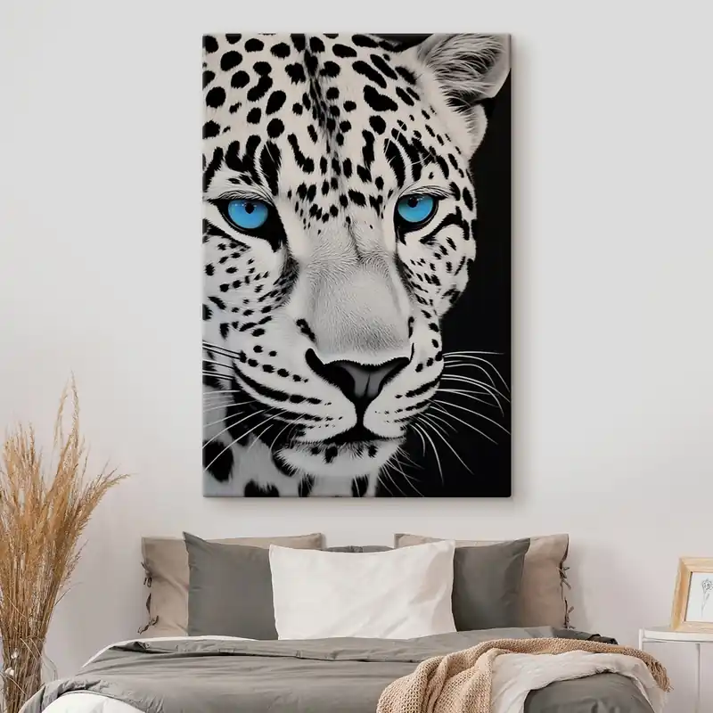 Pictură pe pânză Portret alb-negru al unui leopard cu ochi albaștri Nr s43008 Retur ușor