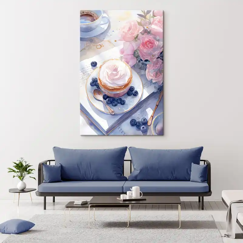 Pictură pe pânză Blueberry cupcake, stil boho, acuarelă, trandafiri roz, poetic Nr s43053 Chilipir