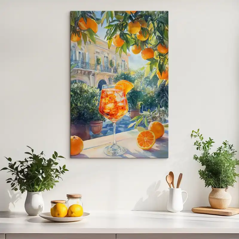 Pictură pe pânză Cocktail cu portocale, stil acuarelă, Italia, Aperol Spritz, arhitectură, grădină de vară Nr s43061 Preferatul clienților