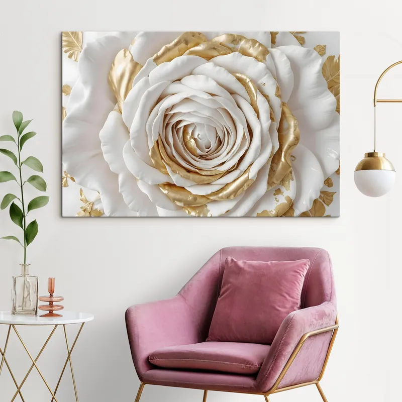 Pictură pe pânză Un trandafir decorativ minimalist alb cu accente galbene, petalele sunt stratificate și încrețite Nr s43160 Cumpărături sigure