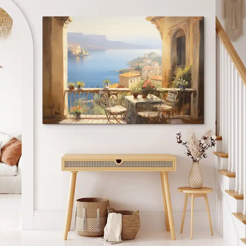 Pictură pe pânză Pictura in ulei imitație de balcon cu flori, cu vedere la mare, case pe coasta, zi însorită, cer albastru Nr s43173 Plată securizată