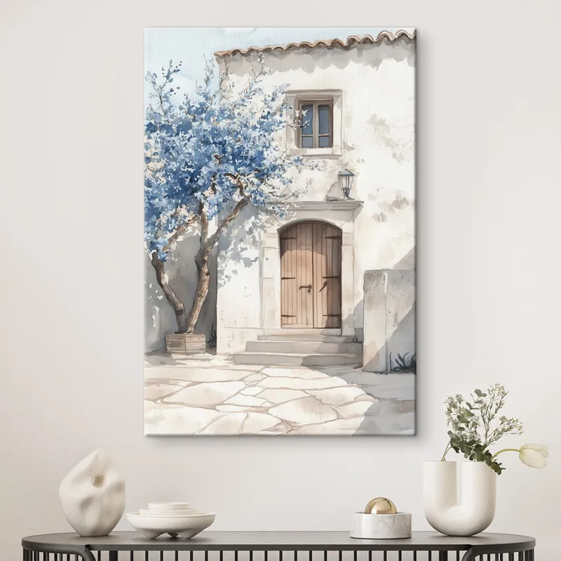 Cumpără acum Pictură pe pânză Casă grecească cu copac frumos, arhitectură, stil acuarelă Nr s43178