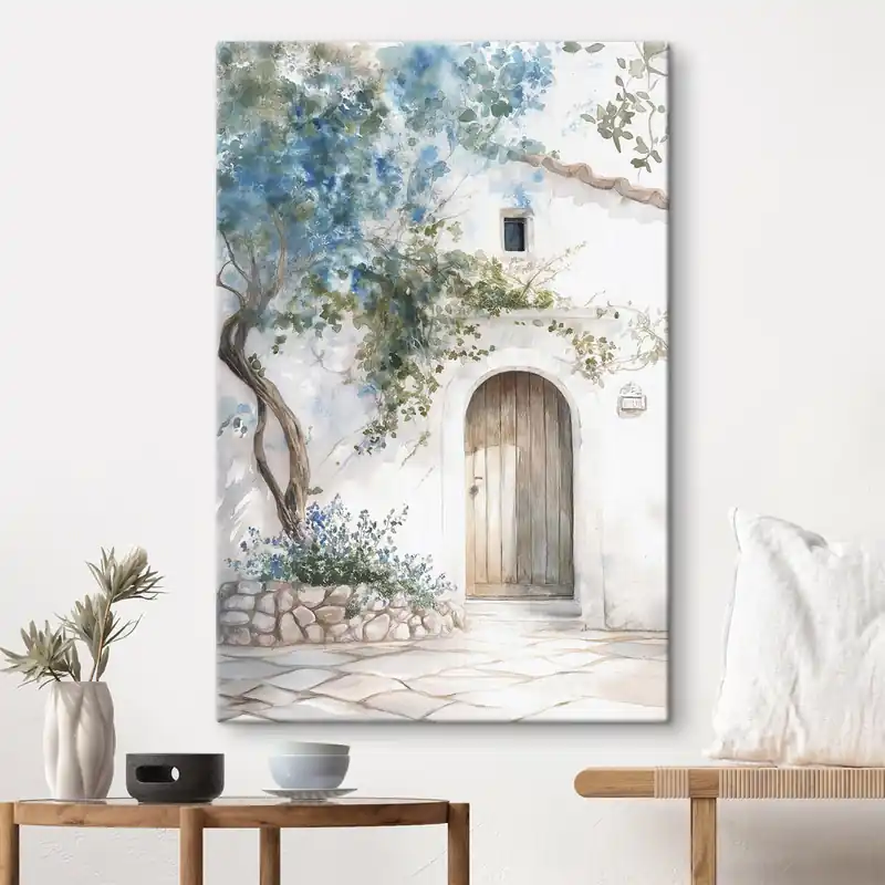 Pictură pe pânză Frumoasă casă albă cu copac înflorit, mediteranean, stil acuarelă Nr s43179 Comandă acum
