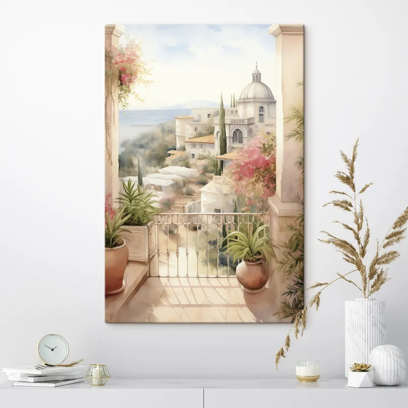 Pictură pe pânză Spania peisaj de vară, arhitectura mediteraneană, stil acuarelă Nr s43181 Plată securizată