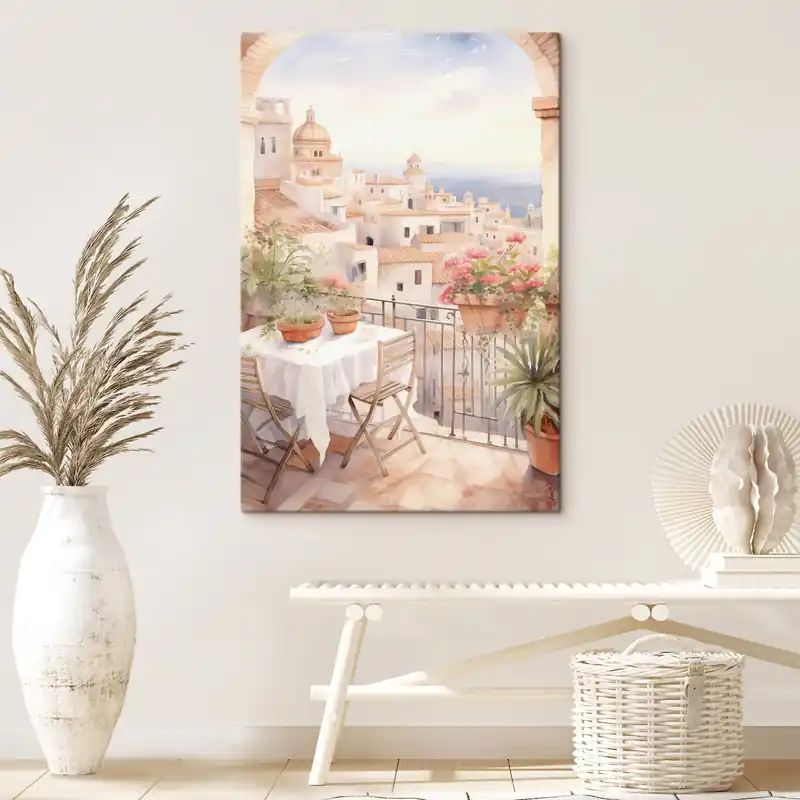 Pictură pe pânză Apus de soare pe balcon, Italia, arhitectura, flori înflorite, stil acuarelă Nr s43184 Chilipir