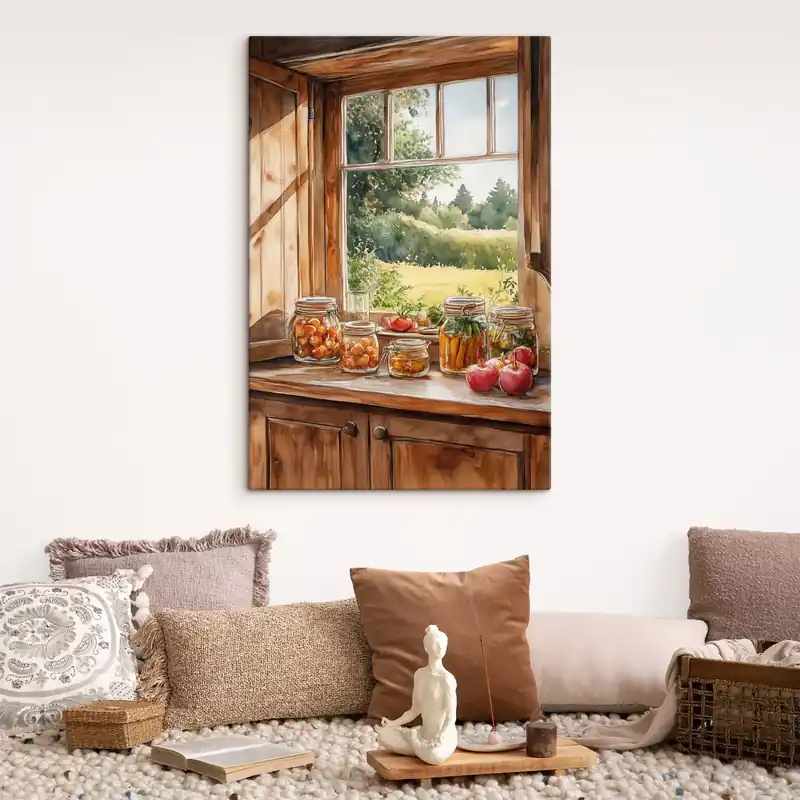 Pictură pe pânză Estetica satului, casa din lemn, natura de vara, legume, stil acuarelă Nr s43185 Reducere