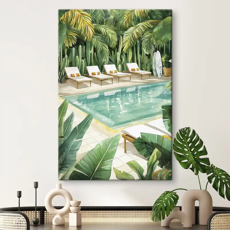 Cumpărături sigure Pictură pe pânză Natură tropicală, grădină, piscină de vară, surfing, stil acuarelă Nr s43190